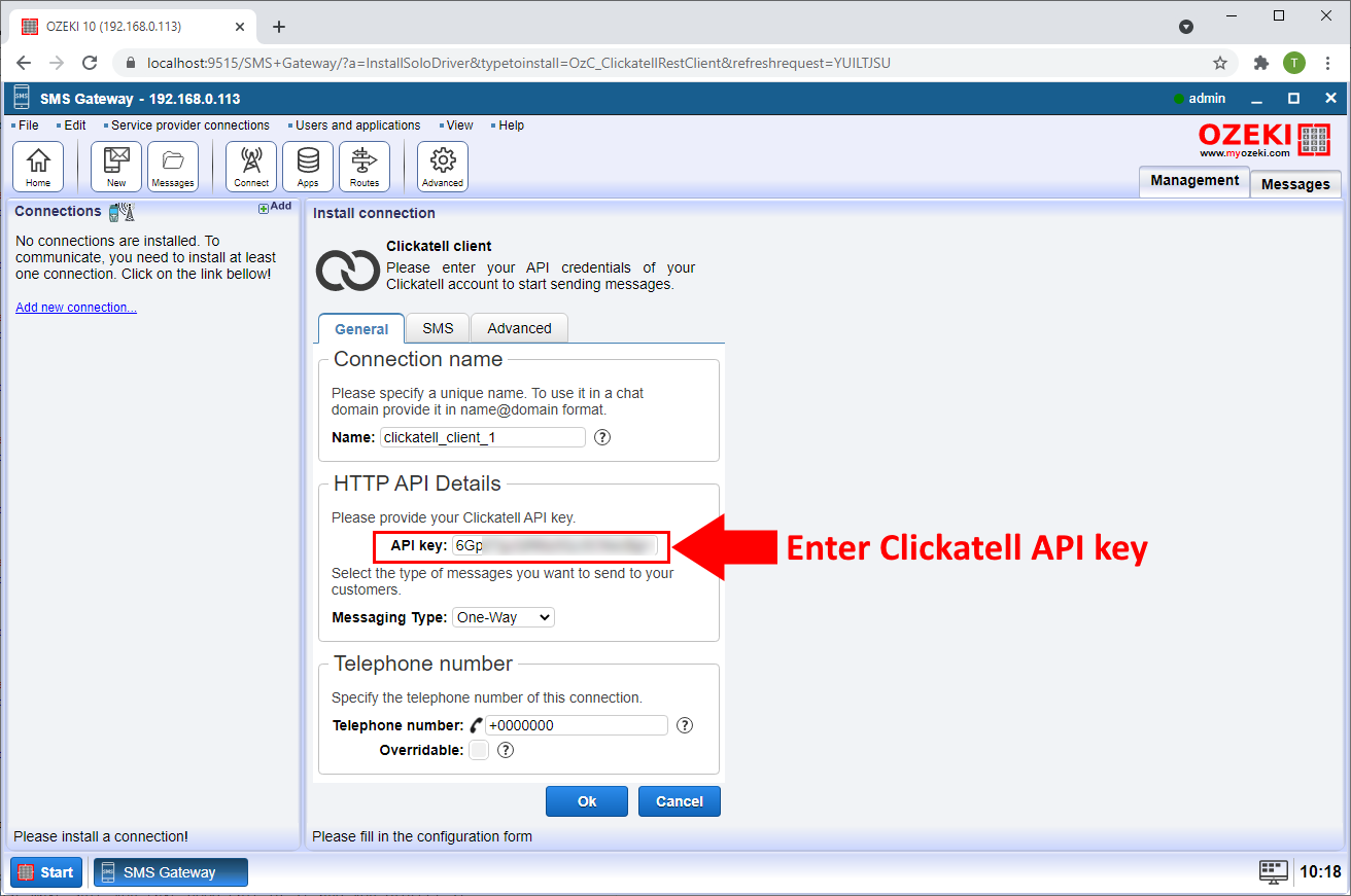configure the clickatell account