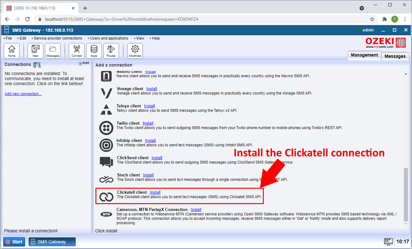 setup the clickatell connection